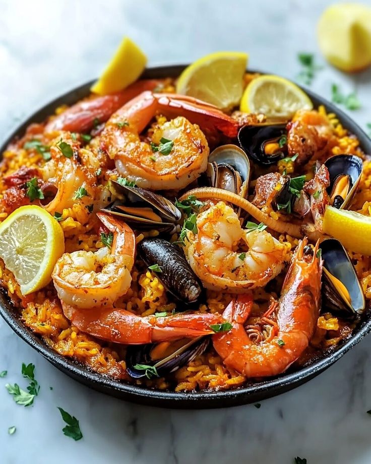 Paella de pescado y mariscos